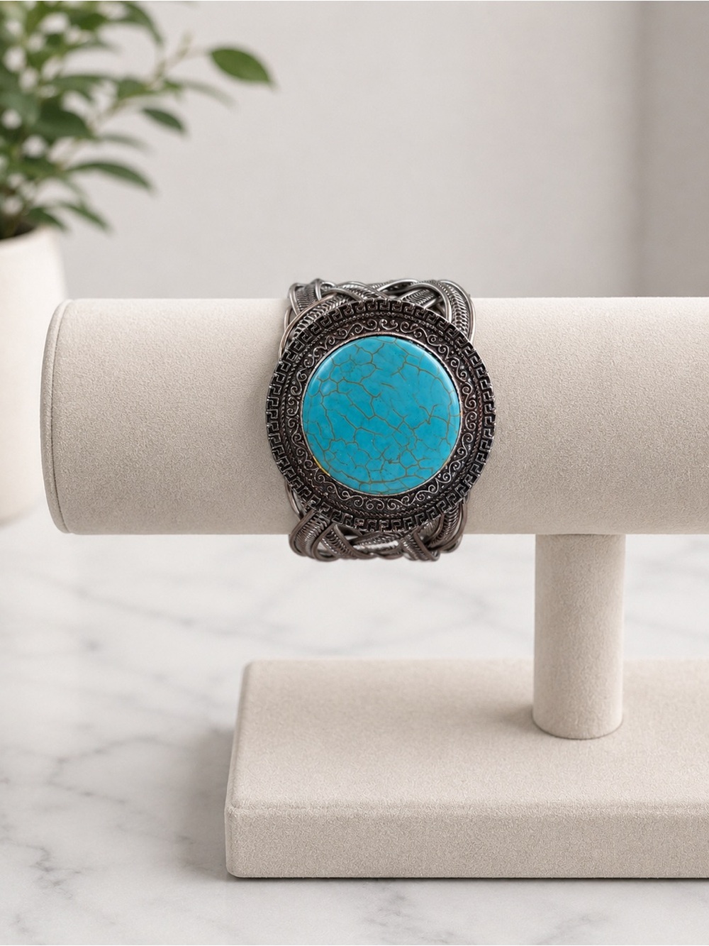 Turquoise Stone Silver-Tone Statement Cuff Bracelet
